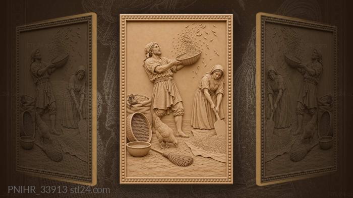 Worker winnows grain beside his helper 3d STL model