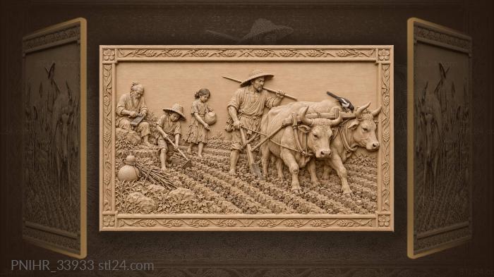 Farmer plows the field with oxen 3d STL model