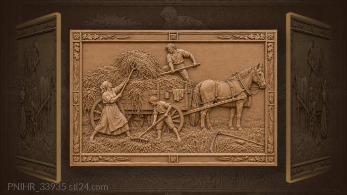 Farmers load hay onto a wagon 3d STL model