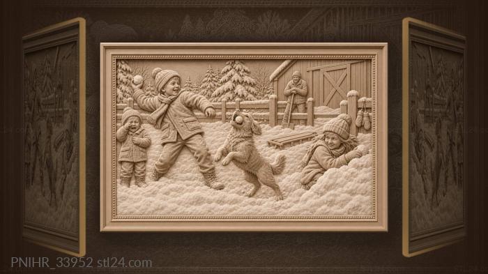 Children playing snowballs with a dog 3d STL model