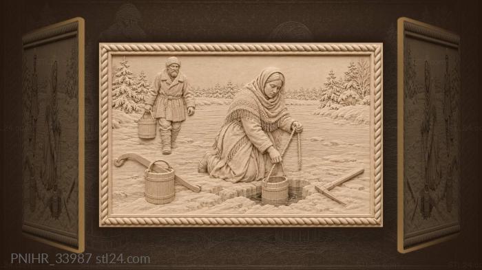 Woman in shawl drawing water with yoke 3d STL model