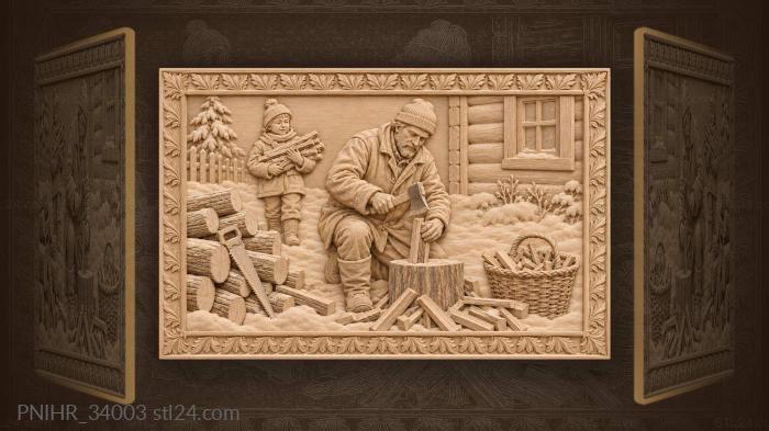 Winter woodcutting scene with child 3d STL model