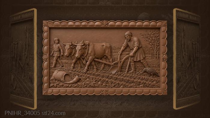 Spring plowing with farmer and oxen 3d STL model