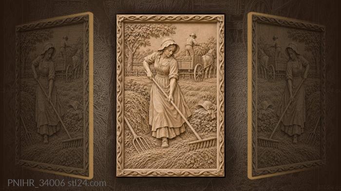 Woman rakes hay near distant cart 3d STL model