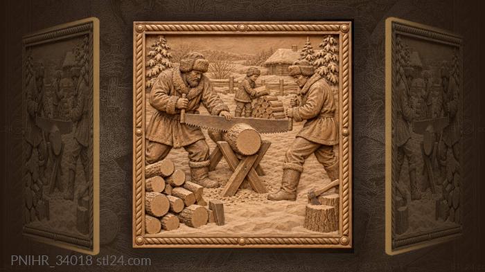 Winter woodcutting scene with family help 3d STL model