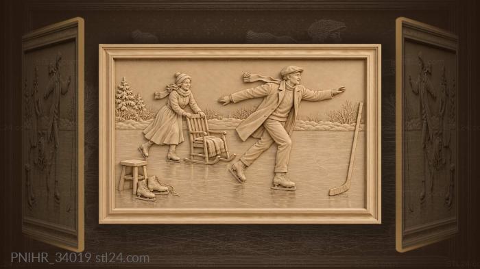Man skates ahead of woman pushing chair-sled 3d STL model