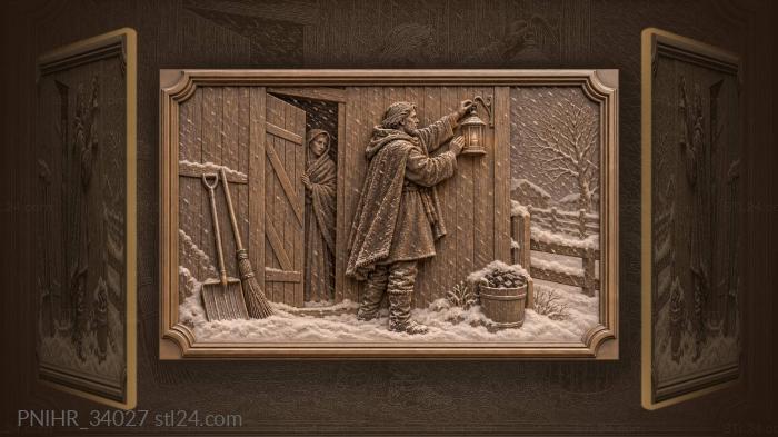 Winter night barn lantern snowfall 3d STL model