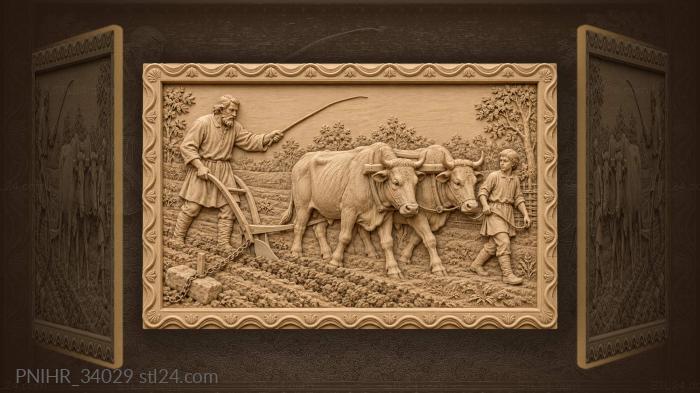 Herdboy leads the oxen while farmer plows 3d STL model