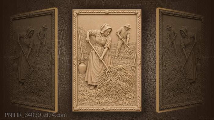 Woman turns haycock as partner spreads hay 3d STL model