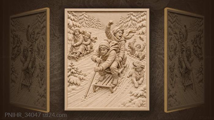 Children race downhill on sleds 3d STL model