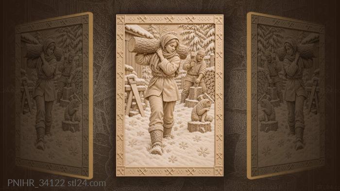 Winter wood gathering snowy scene 3d STL model