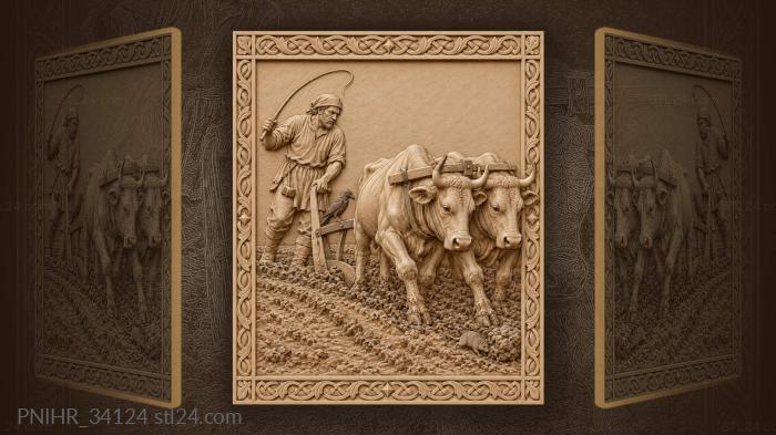 Farmer plowing with strong oxen 3d STL model