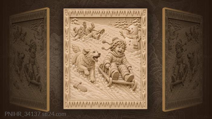 Snowman with a carrot by the sled track 3d STL model