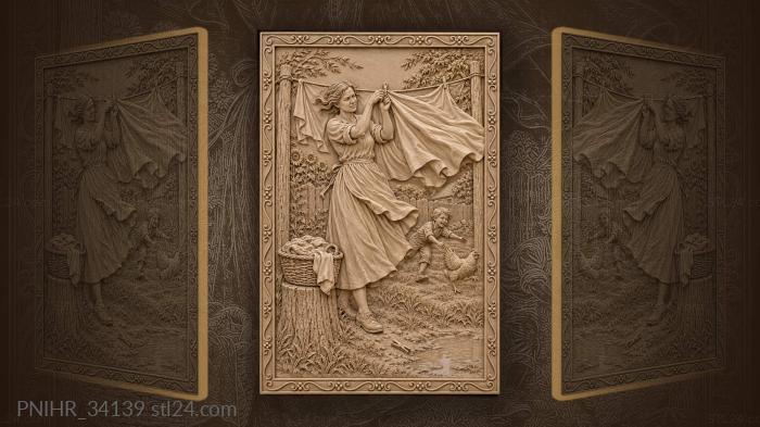 Wind whips sheets as the woman pins them 3d STL model