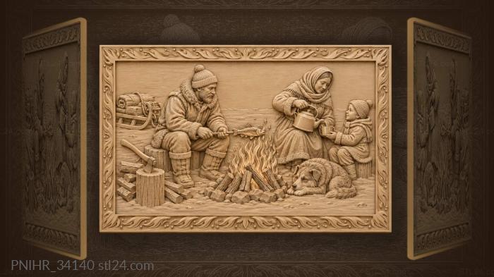 Winter bonfire lakeside village scene 3d STL model