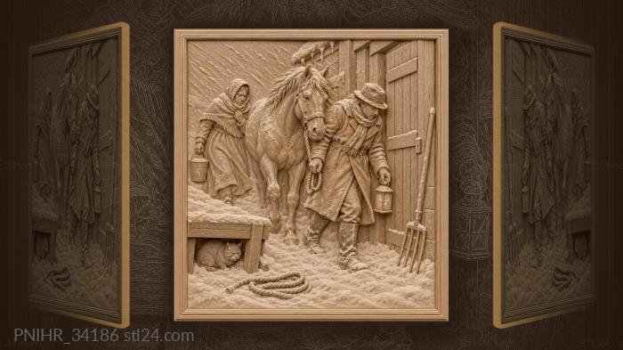 Farmer leads horse into the snowy stable 3d STL model