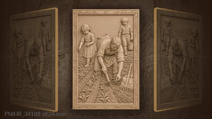 Father weeding the garden with children 3d STL model