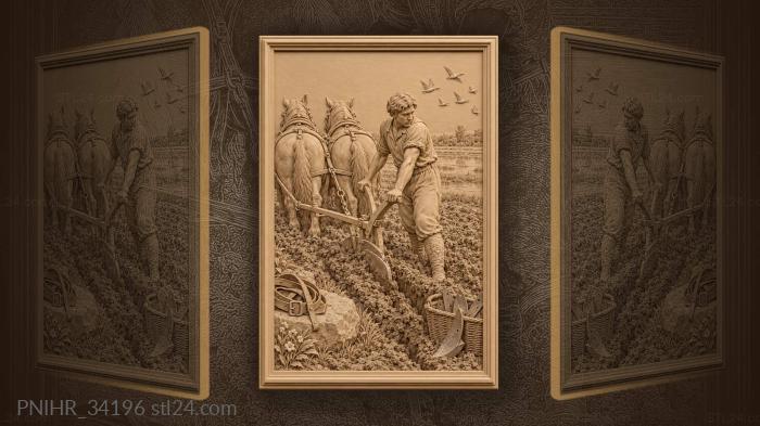 Plowman guides horses along the furrow 3d STL model
