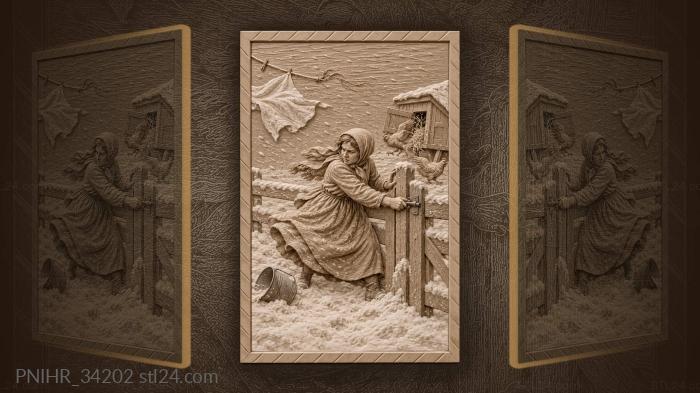 Woman closing the gate in a blizzard 3d STL model