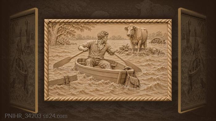 Boatman rows toward a cow 3d STL model