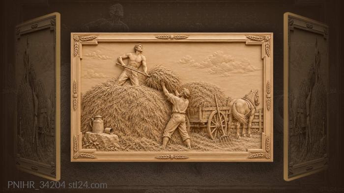 Farmhands load hay onto a wagon 3d STL model