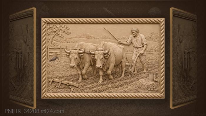 Plowman guides a team of oxen 3d STL model