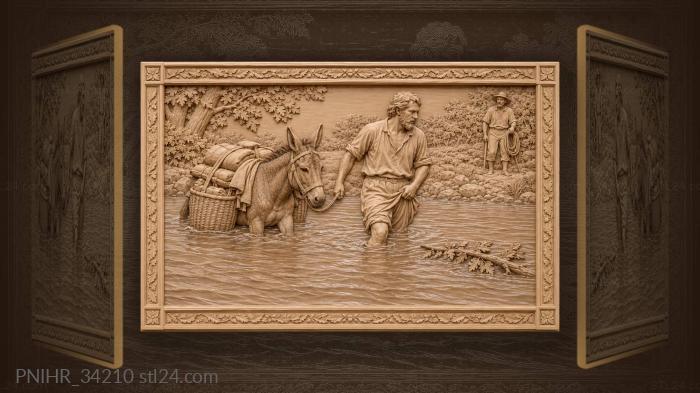 Traveler leads a donkey across the river 3d STL model
