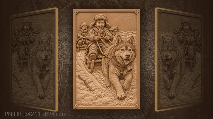 Husky pulls children on a sled 3d STL model