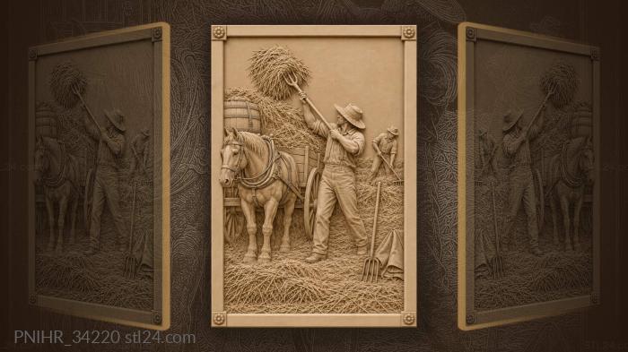 Farmer loads hay onto a cart 3d STL model