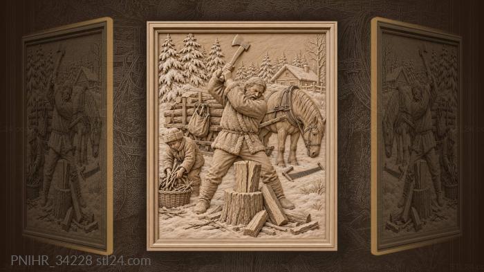 Woodcutter chops firewood in winter 3d STL model