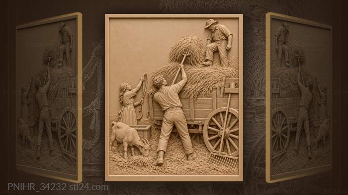 Family loads hay onto wagon 3d STL model
