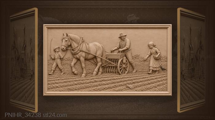 Farmers sow behind a draft horse 3d STL model