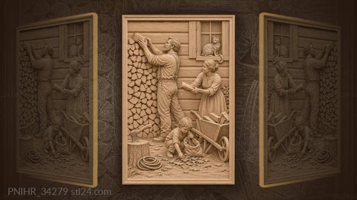 Winter wood gathering cozy cabin scene 3d STL model