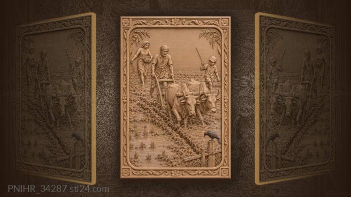 Farmer plowing flooded field with boy 3d STL model