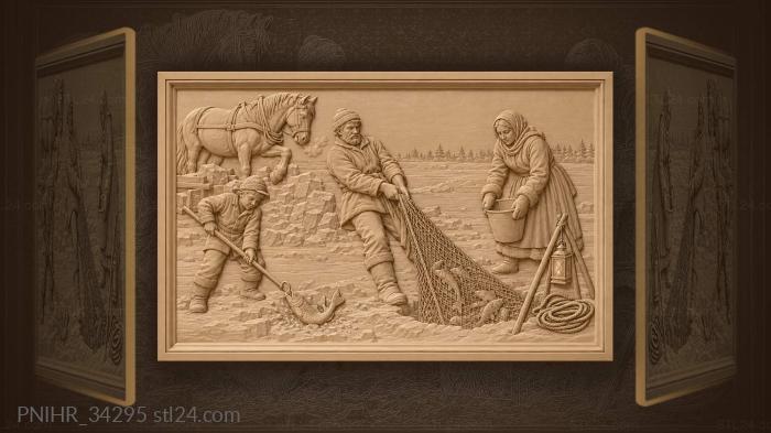 Boy gaffing fish beside the net 3d STL model