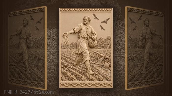 Sower casts grain beside resting plow 3d STL model