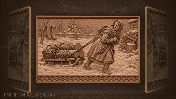 Woman hauls logs and kindling across the yard 3d STL model