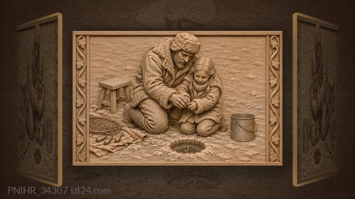 Father and daughter winter fishing scene 3d STL model