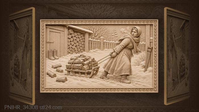 Farmwife drags the sled as logs tumble 3d STL model