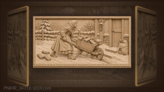 Woman with wheelbarrow snowy winter scene 3d STL model