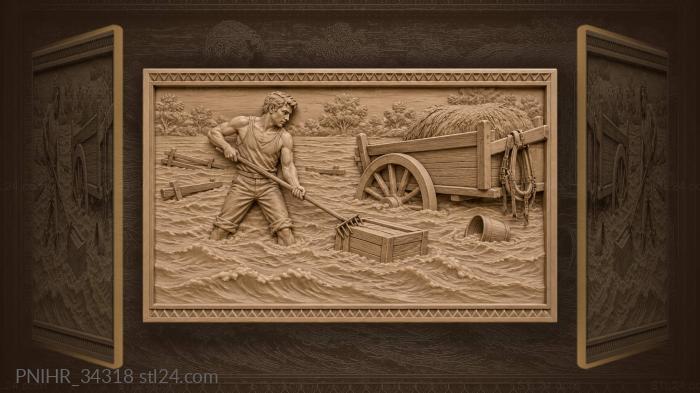 Flood rescue haycart and worker 3d STL model
