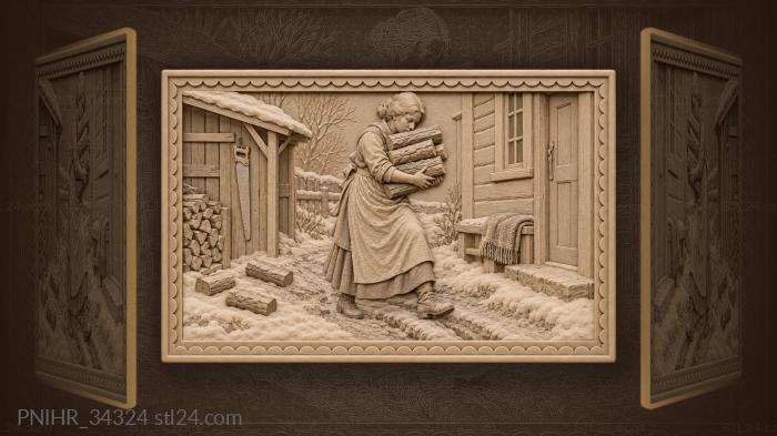 Woman carrying firewood winter scene 3d STL model