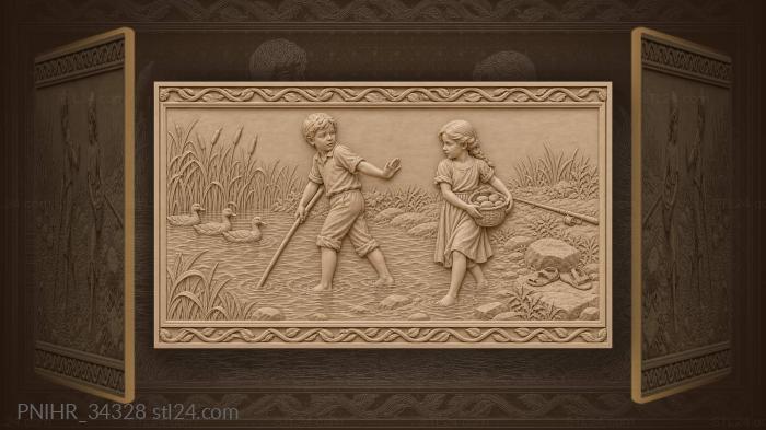 Children wading river collecting stones 3d STL model