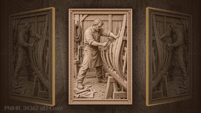 Boatbuilder sets a steamed rib into the hull 3d STL model