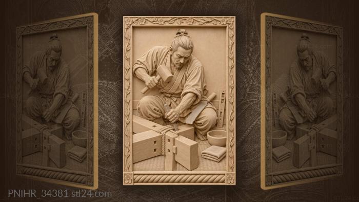 Craftsman lashes cedar beams with bamboo rope 3d STL model