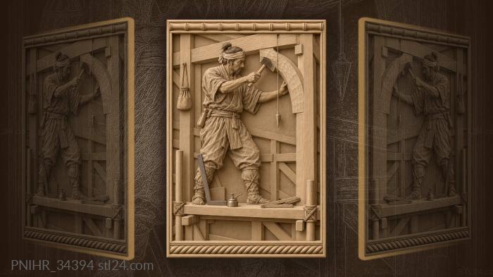 Carpenter shapes a curved brace with an adze 3d STL model
