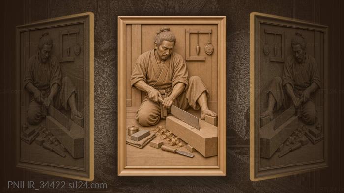Carpenter saws thick beam on cedar plank 3d STL model