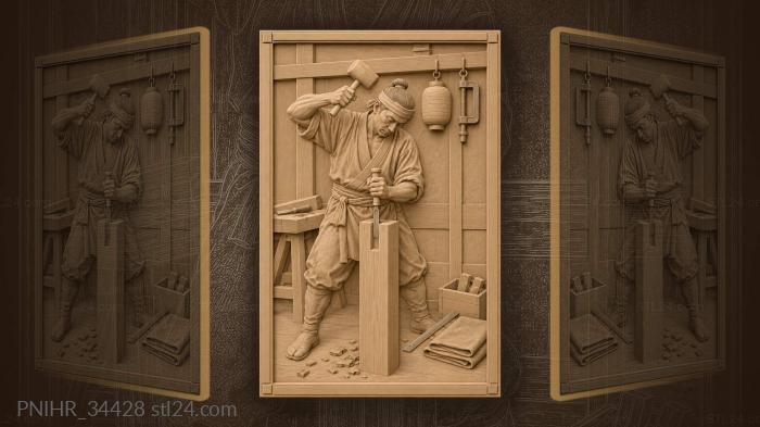 Japanese carpenter cuts mortise in cedar post 3d STL model