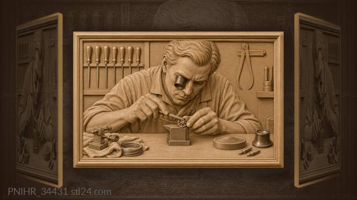 Watchmaker meticulously crafting tiny brass wheel 3d STL model