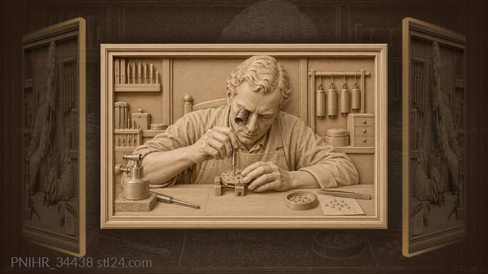 Clockmaker sets ruby into brass plate 3d STL model